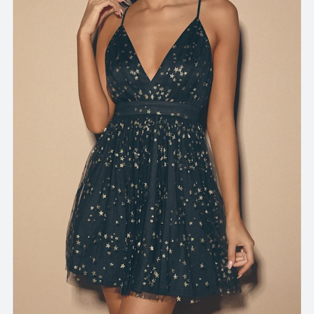 Lulus Formal Tulle Mini Dress- Black and Gold